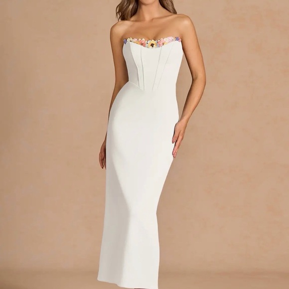 Azazie Dresses & Skirts - Azazie Strapless White Dress with Pastel Floral Trim